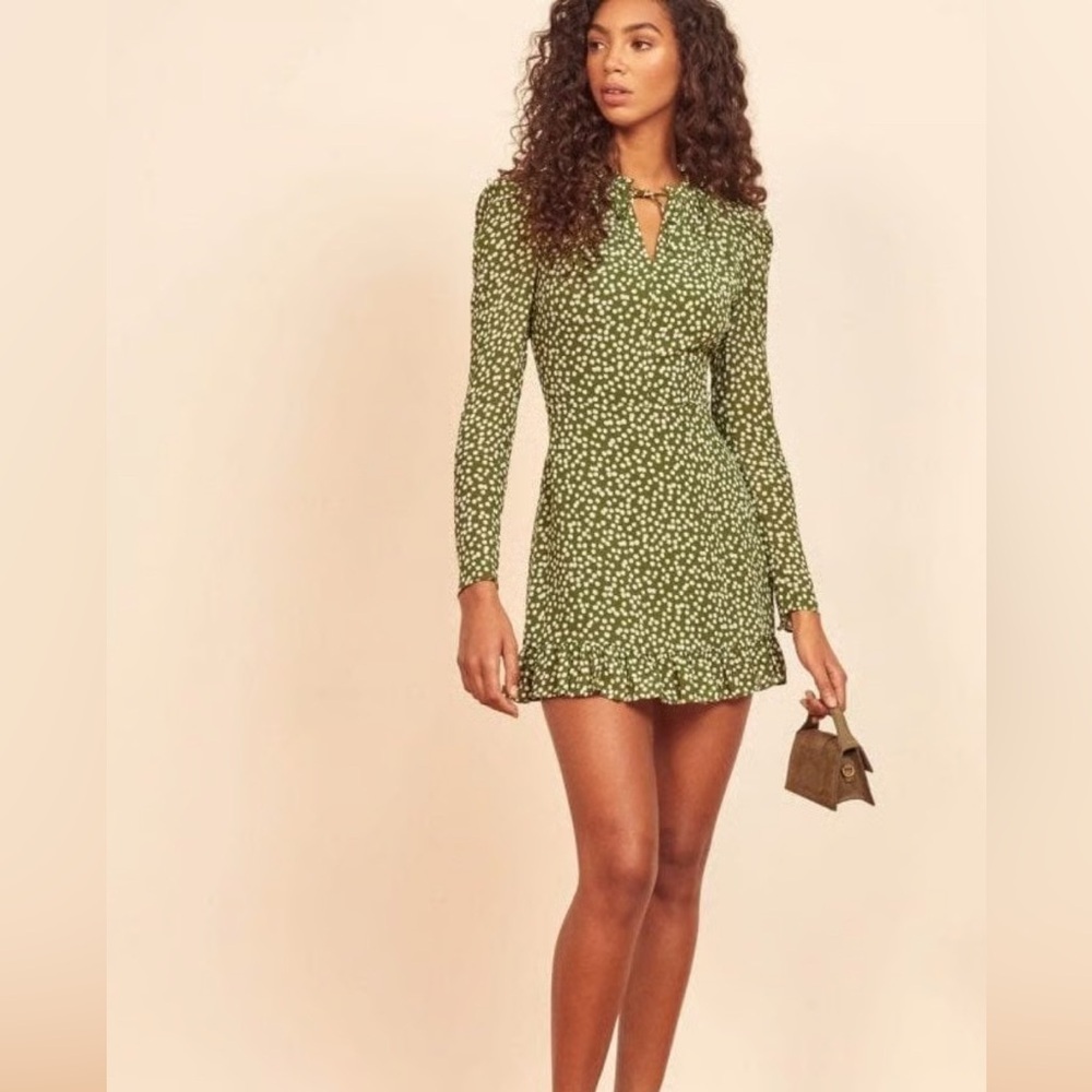 Reformation Marcy Mini Dress Green White Polka Dot Long Sleeve Size 8 - Picture 3 of 7